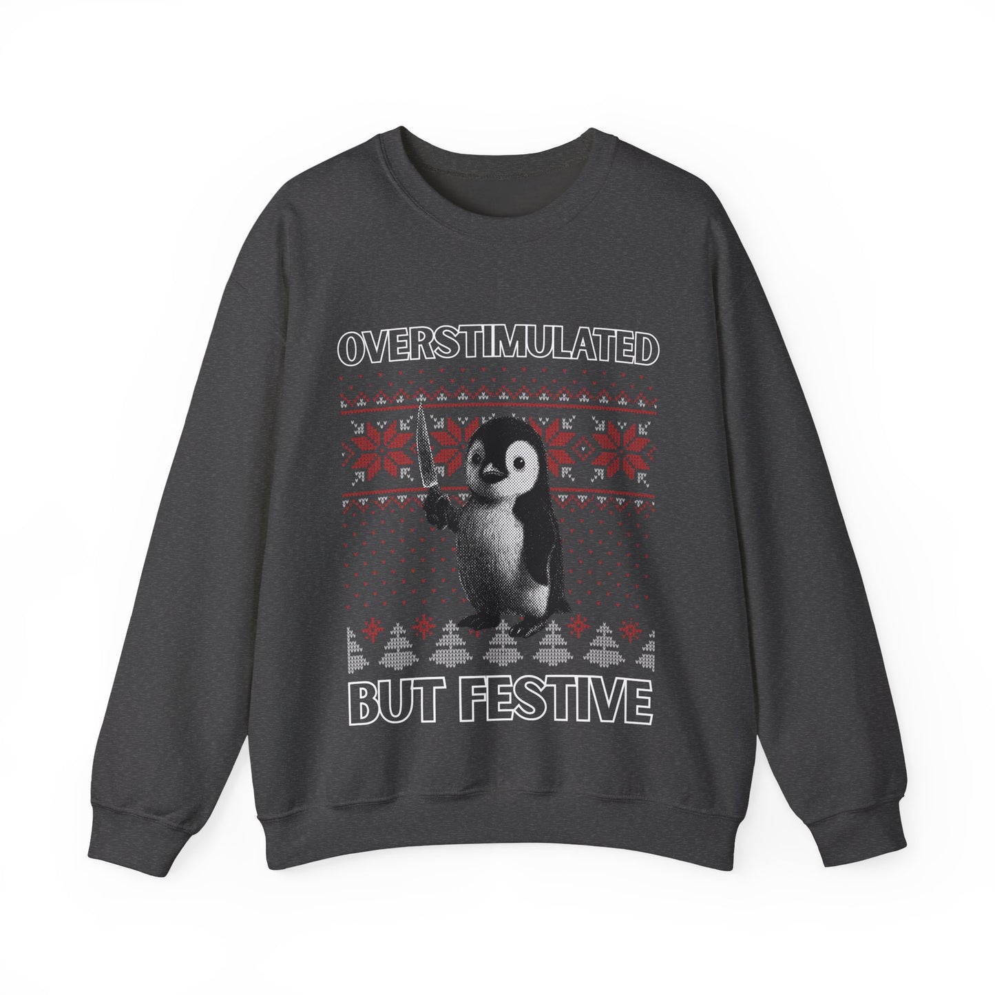 Überstimulierter, aber festlicher Pinguin-Weihnachtspullover