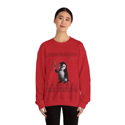 Überstimulierter, aber festlicher Pinguin-Weihnachtspullover