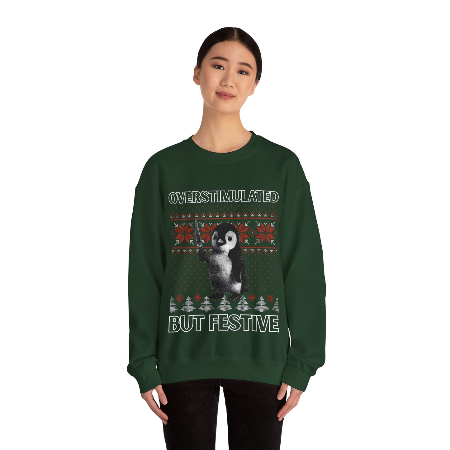 Überstimulierter, aber festlicher Pinguin-Weihnachtspullover